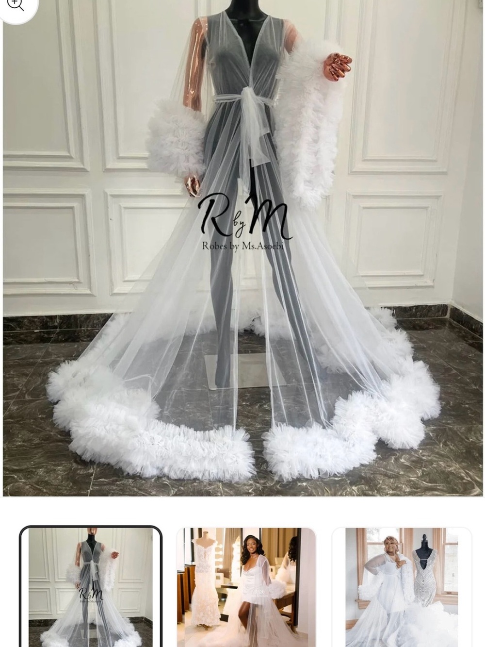 R by M White Sheer Marabou-Trim Bridal Robe with Tie Belt
